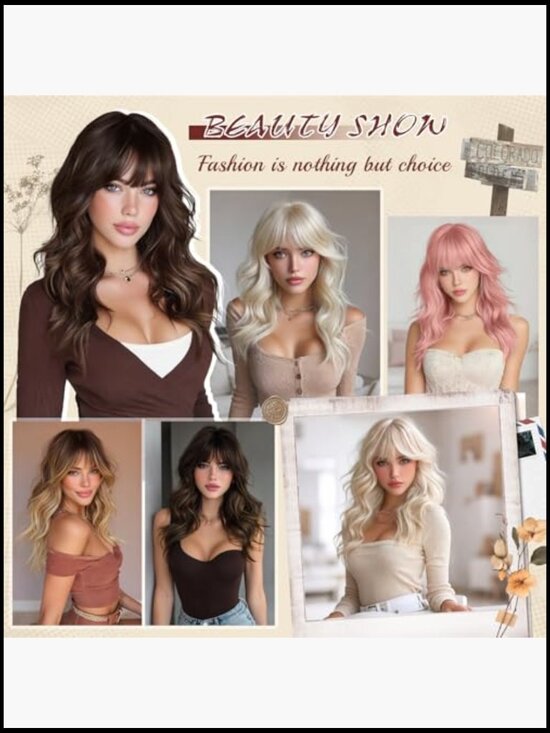 20 Inch Long Wavy Synthetic Wig with Bangs Heat Resistant Wigs for Women Daily